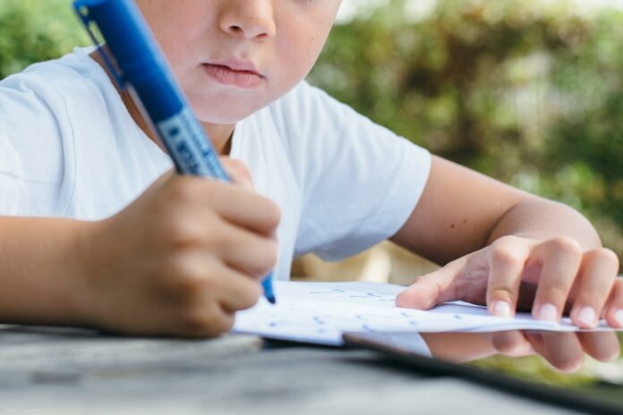 Crop child studying in garden Crop child studying in garden